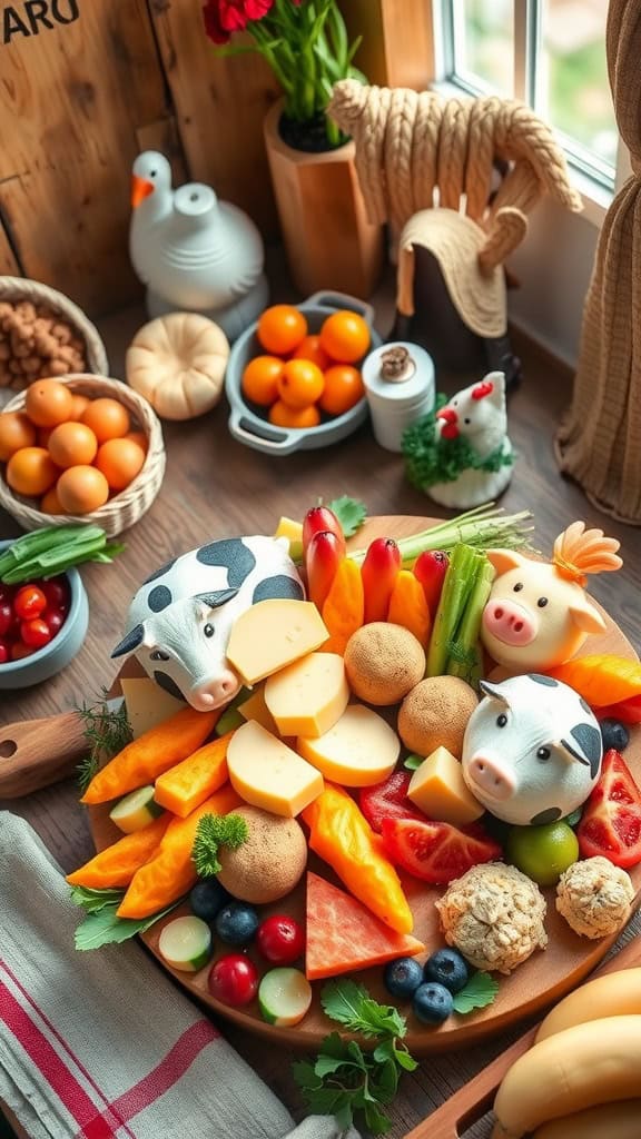 A colorful barnyard animal cheese platter with assorted cheeses, fruits, and veggies arranged creatively.