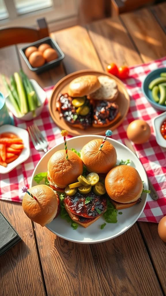 Delicious BBQ sliders served on a plate, perfect for a farm-themed birthday party.