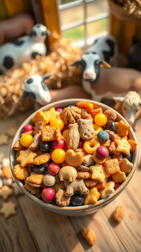 A colorful bowl of barnyard trail mix filled with various snacks like animal crackers, candies, and dried fruits.