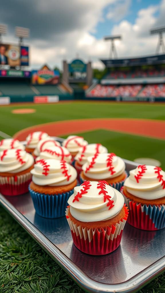 Baseball-themed cupcakes decorated with white frosting and red stitching designs.