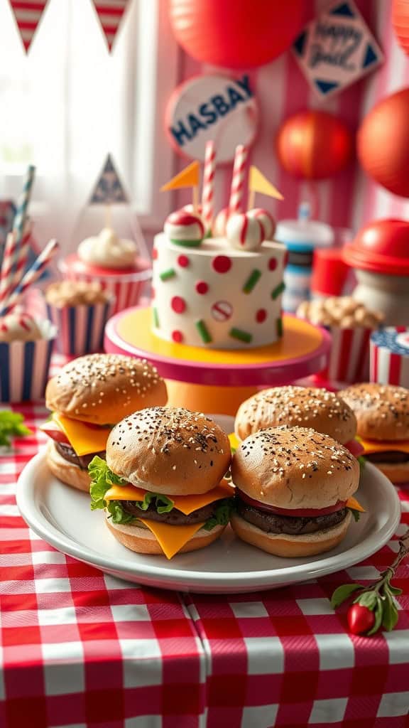 Mini cheeseburgers with cheese, lettuce, and tomato on a plate for a baseball-themed birthday party.