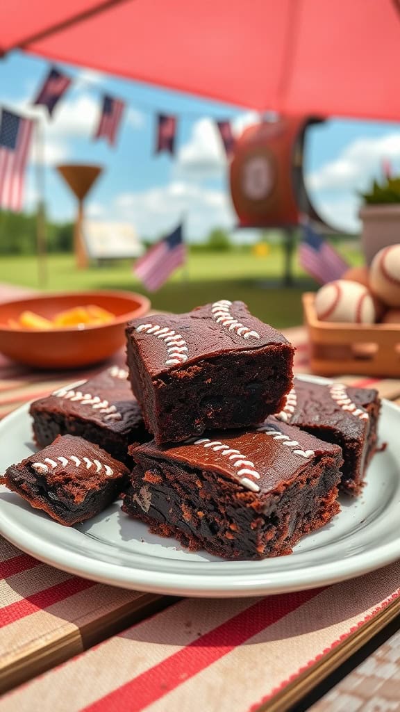 Delicious brownies decorated with edible baseball stitches, perfect for a baseball party.