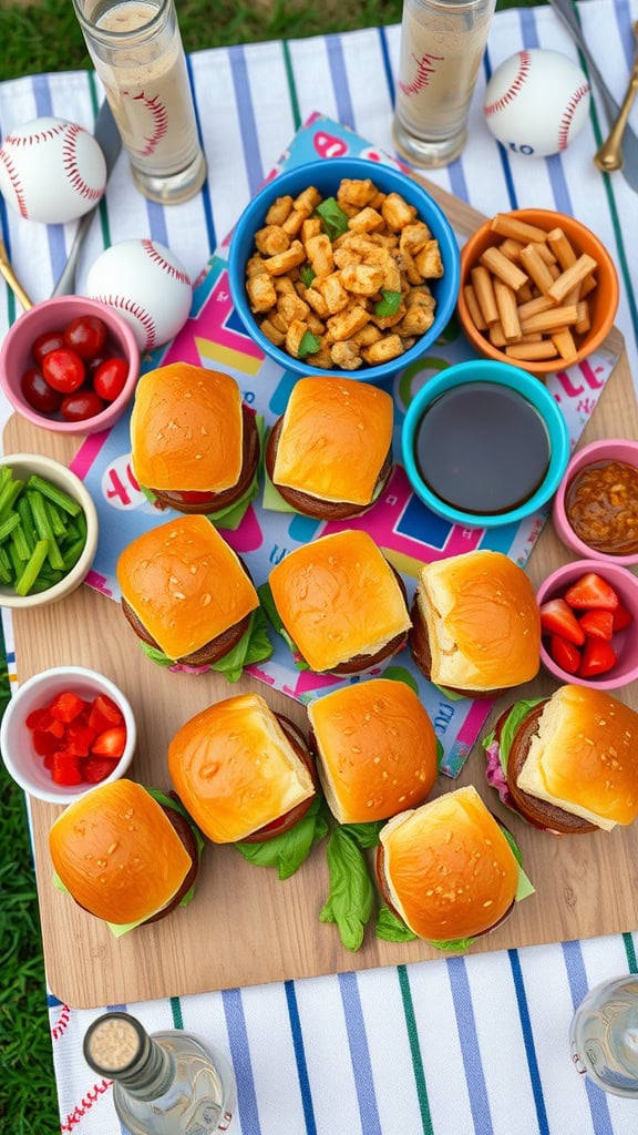 A platter of mini sliders with lettuce, tomato, and condiments.