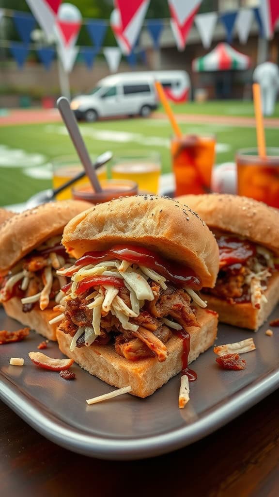 Delicious loaded BBQ sliders on a plate, ready to be served at a baseball party.