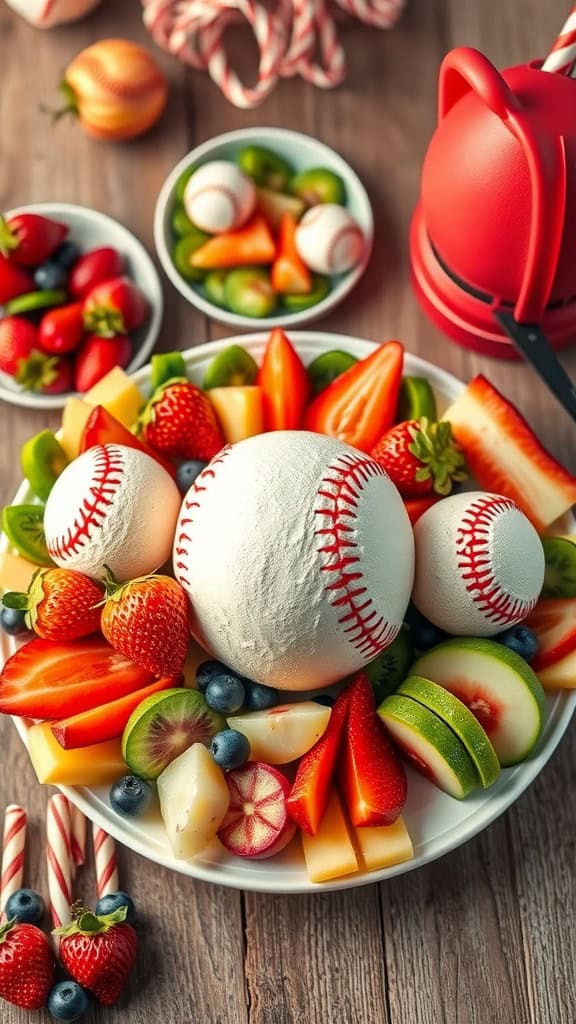 A colorful baseball-themed fruit tray with strawberries, blueberries, and various fruits arranged to resemble baseballs.