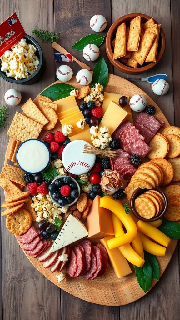 A vibrant baseball-themed charcuterie snack board filled with an assortment of meats, cheeses, crackers, fresh fruits, and dips.