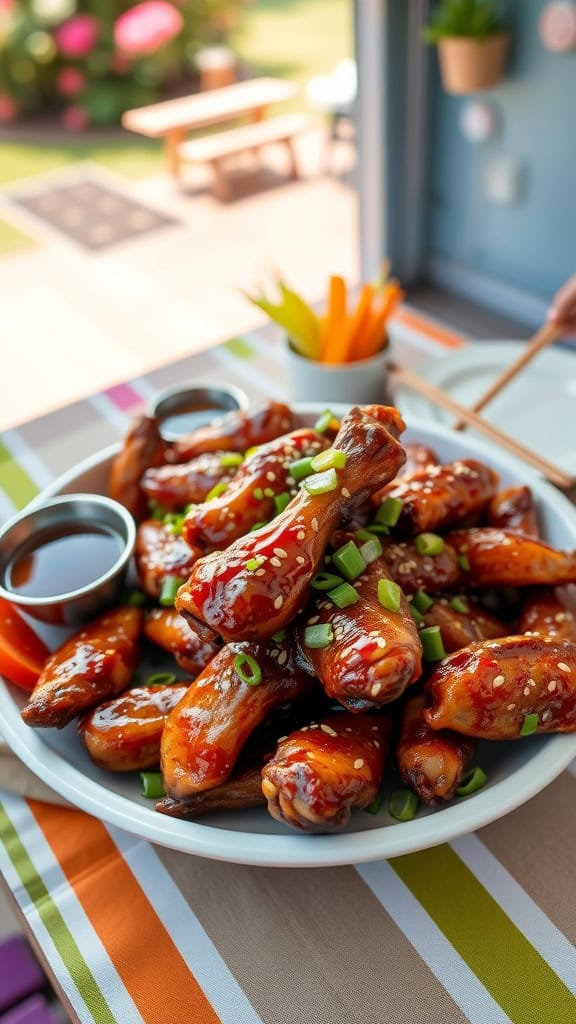 Plate of honey garlic chicken wings garnished with green onions and sesame seeds, ready for a summer party.