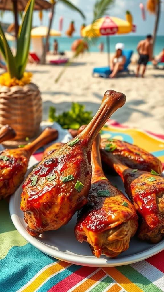 BBQ Chicken Drumsticks served on a colorful beach table