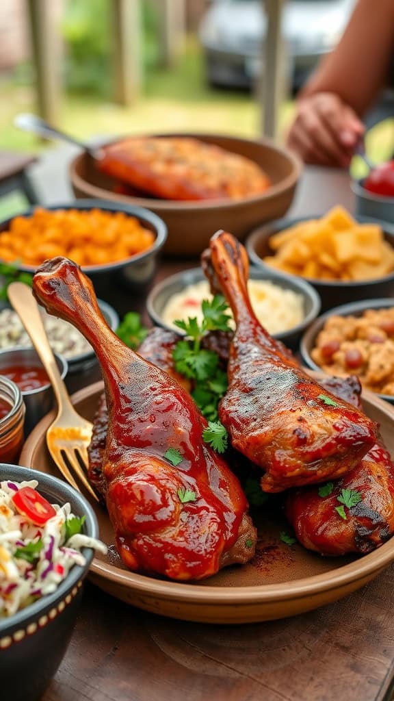 Delicious BBQ chicken drumsticks served with a variety of sides