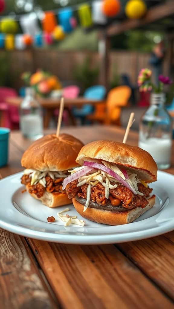 BBQ pulled jackfruit sliders topped with coleslaw on a plate.