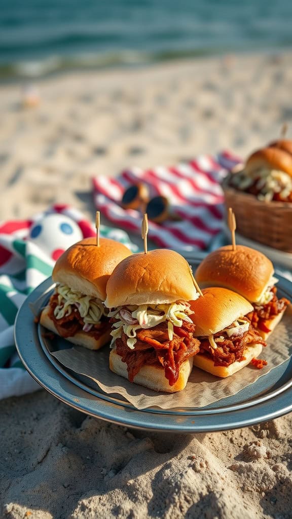 Delicious BBQ pulled pork sliders on a plate, perfect for a beach picnic.