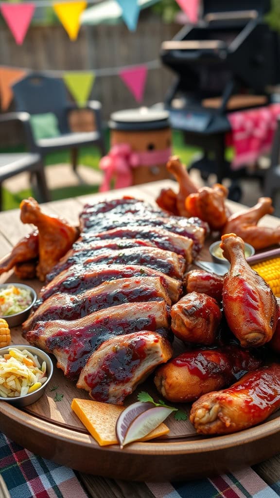 Delicious BBQ ribs and wings served in a platter with sides.