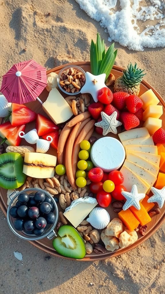 A beautifully arranged beach-themed charcuterie board with various fruits, cheeses, nuts, and snacks.