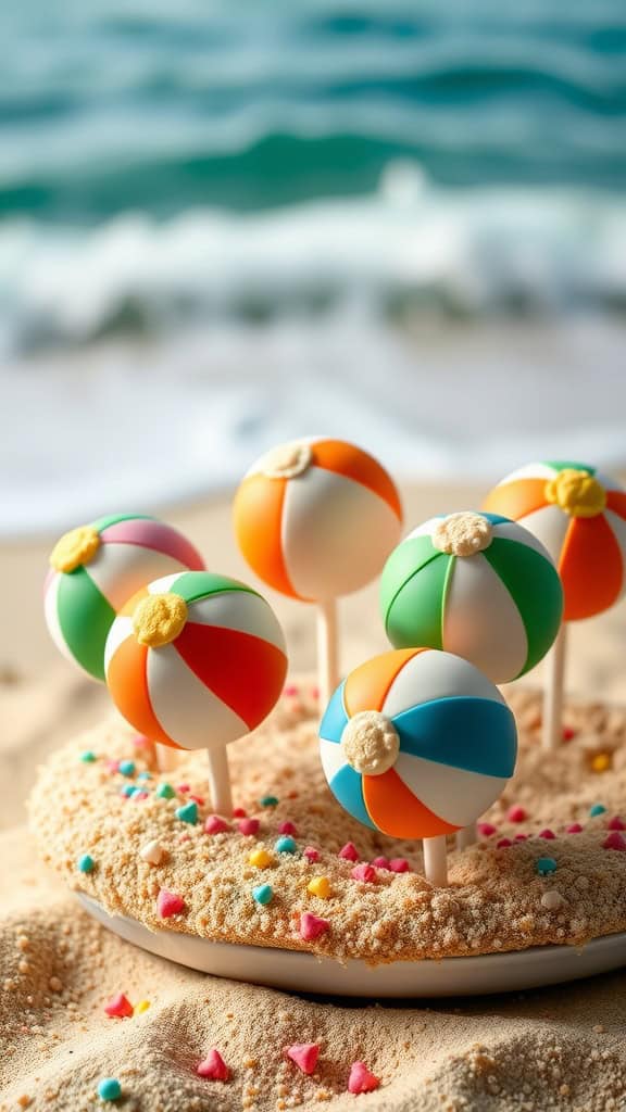 Colorful Beach Ball Cake Pops on a sandy plate, perfect for ocean-themed parties.