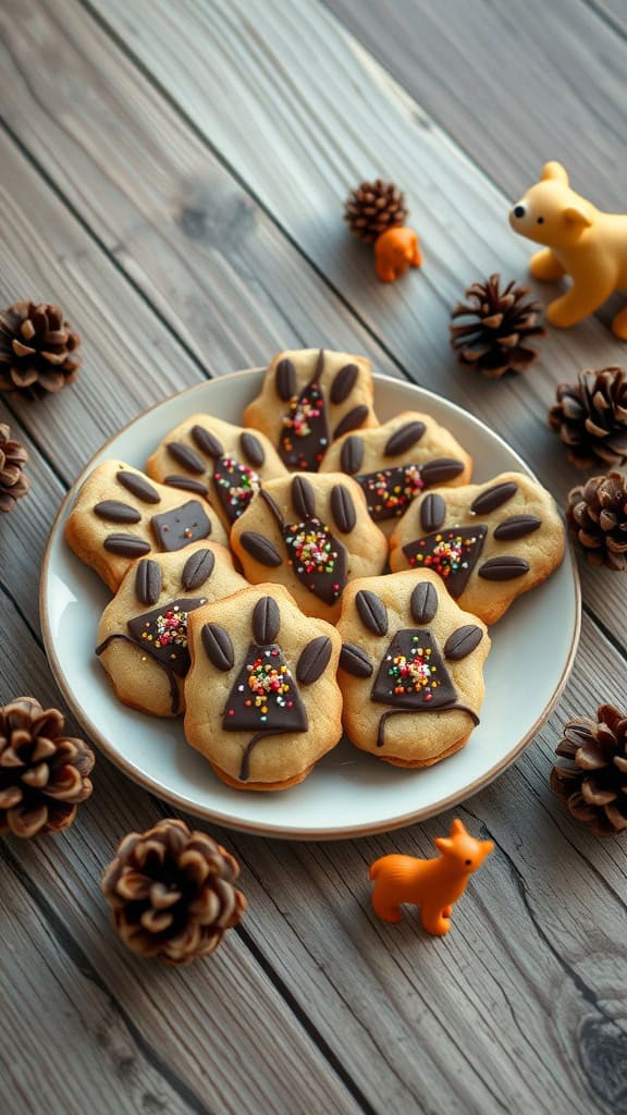 Plate of bear paw cookies surrounded by pinecones and playful animal figures.