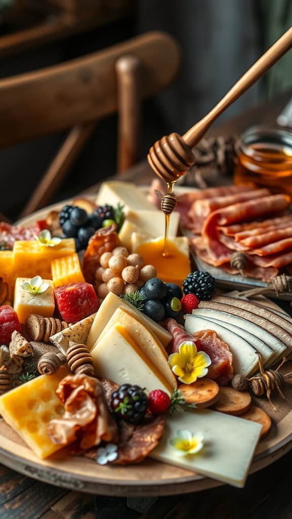 A beautifully arranged charcuterie board featuring various cheeses, meats, fruits, and a honey drizzle.