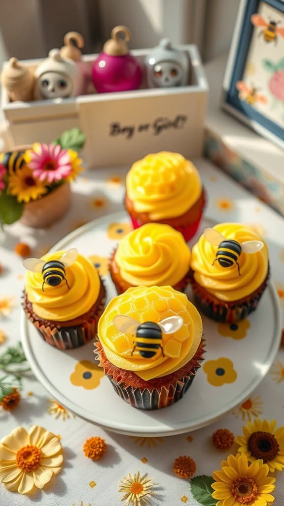 Honeycomb cupcakes with yellow frosting and bee decorations