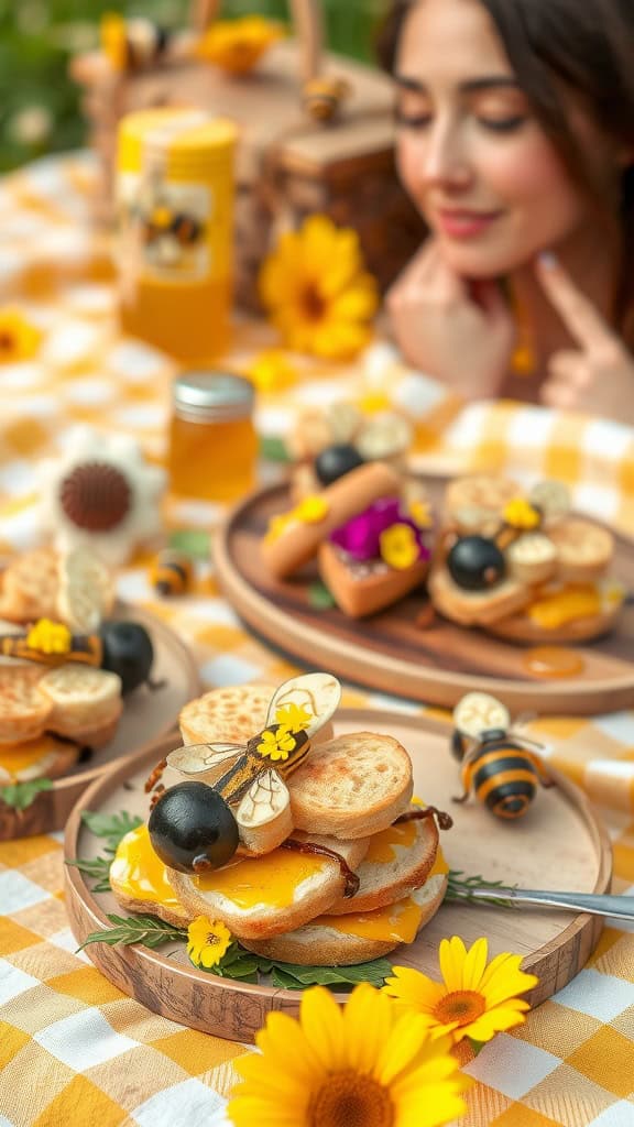 Bee-themed sandwiches with cheese and honey mustard spread, decorated with olives and flowers.