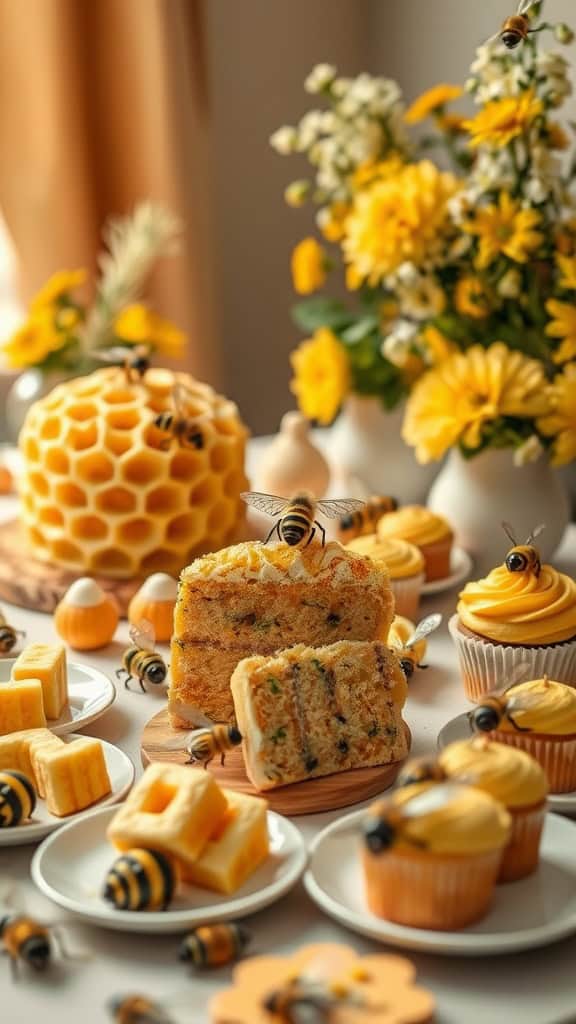 Bee-themed dessert table featuring honey-infused treats like cakes and cupcakes.