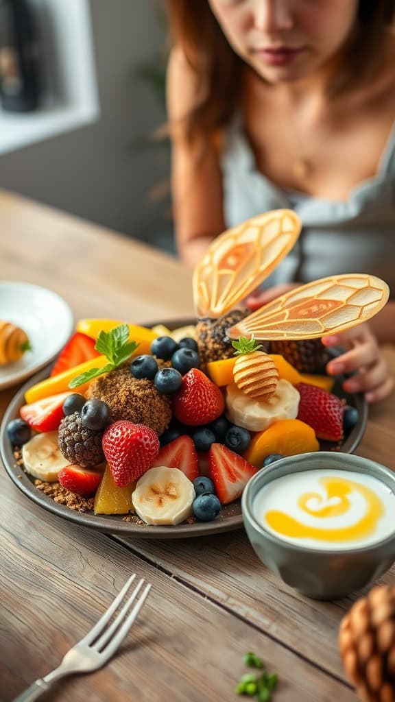 A colorful fruit tray featuring strawberries, blueberries, blackberries, mango, and banana, accompanied by a honey yogurt dip.