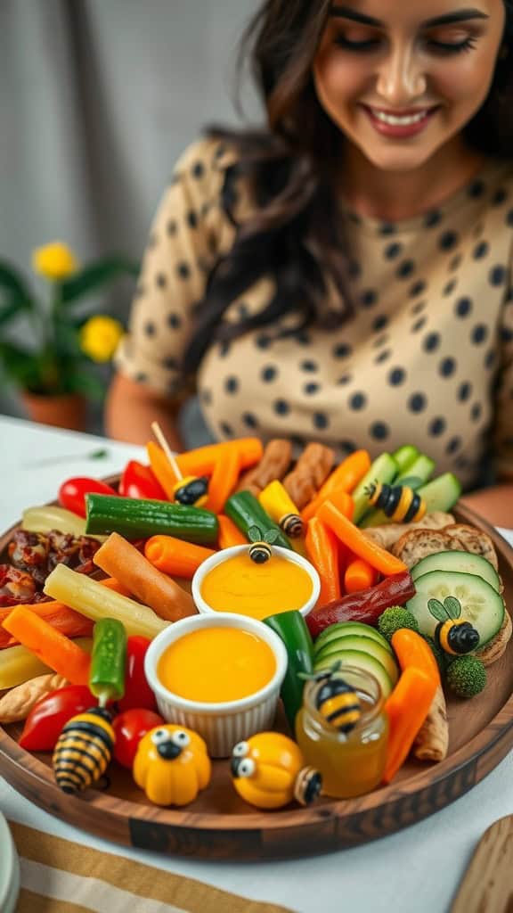 A vibrant and playful bee-themed veggie tray with colorful vegetables and honey mustard dip.