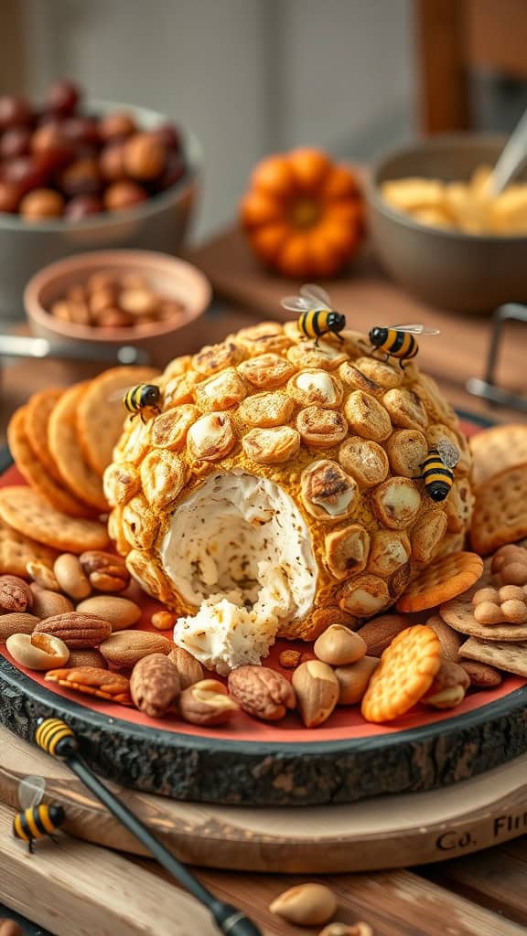 Beehive-shaped cheese ball surrounded by crackers and nuts, ready for a party.