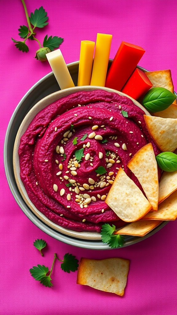 A vibrant pink beetroot hummus served with pita chips and colorful vegetable sticks.