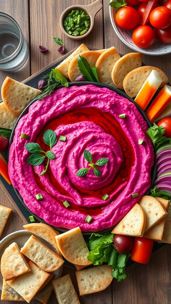 A colorful beetroot hummus platter with pita chips and fresh vegetables