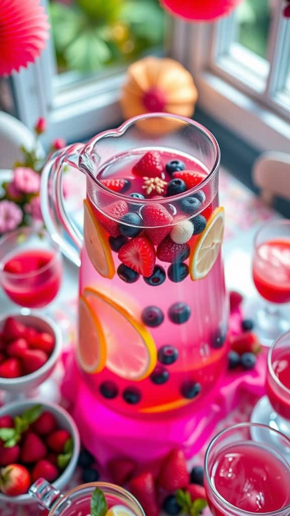 A pitcher of berry-infused water and lemonade with fresh berries and lemon slices, garnished with mint leaves.