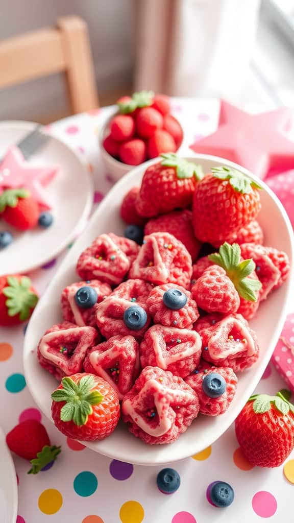 Colorful Rice Krispie treats shaped like berries, topped with icing and sprinkles, perfect for a birthday party.