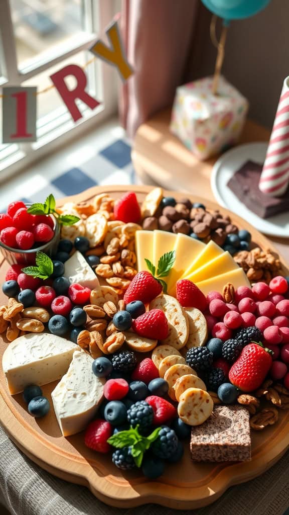 A colorful berry charcuterie board with various cheeses, nuts, crackers, and chocolate treats.