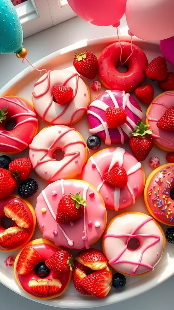 Colorful berry-glazed doughnuts decorated with fresh berries for a birthday celebration