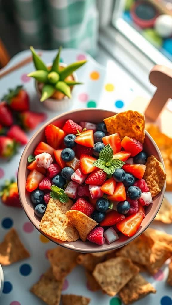 A colorful bowl of berry salsa surrounded by cinnamon crisps, perfect for a birthday celebration.