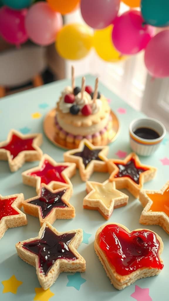 Colorful jam sandwiches cut into fun shapes, perfect for a first birthday party.