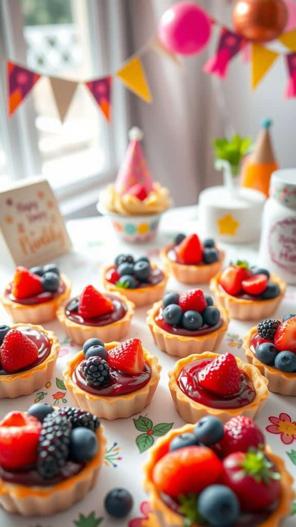 Berry mini tarts with fresh berries on a colorful party table.