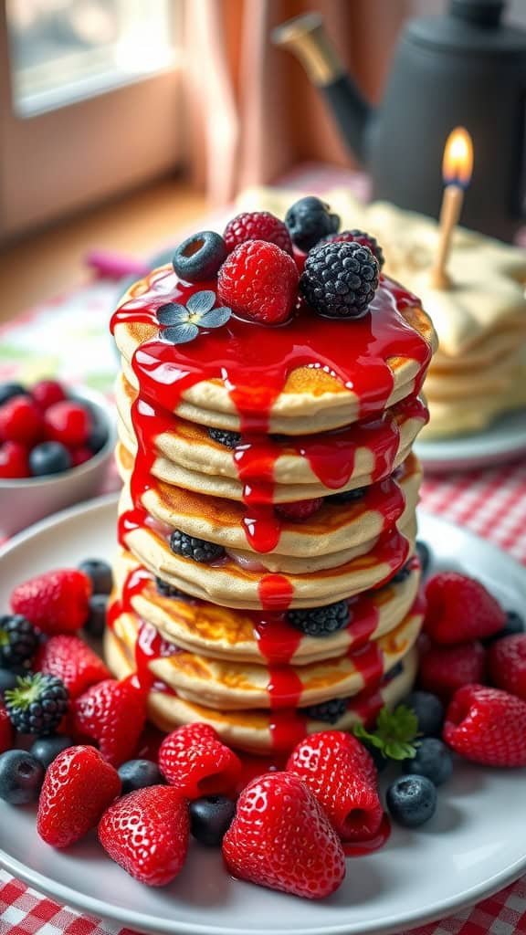 Delicious stack of berry pancake poppers with fruit syrup, perfect for a first birthday celebration.