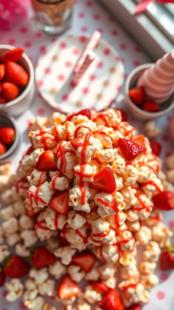 A colorful and festive display of popcorn drizzled with strawberry sauce, garnished with fresh strawberries for a birthday celebration.