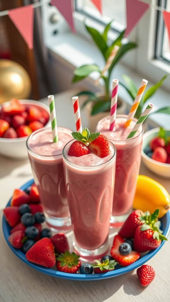 Delicious berry smoothies ready for serving at a birthday party.