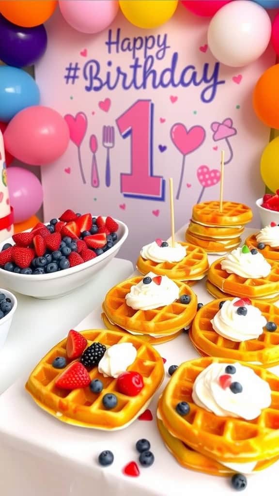 A festive waffle bar with berry toppings for a first birthday celebration.