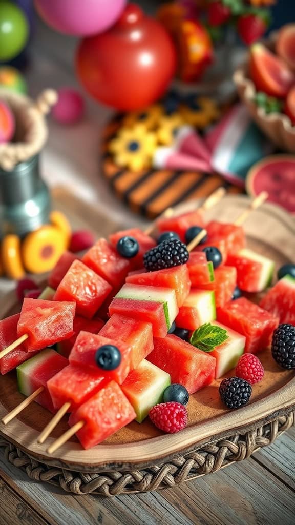 Colorful skewers of watermelon and assorted berries, perfect for a birthday party.