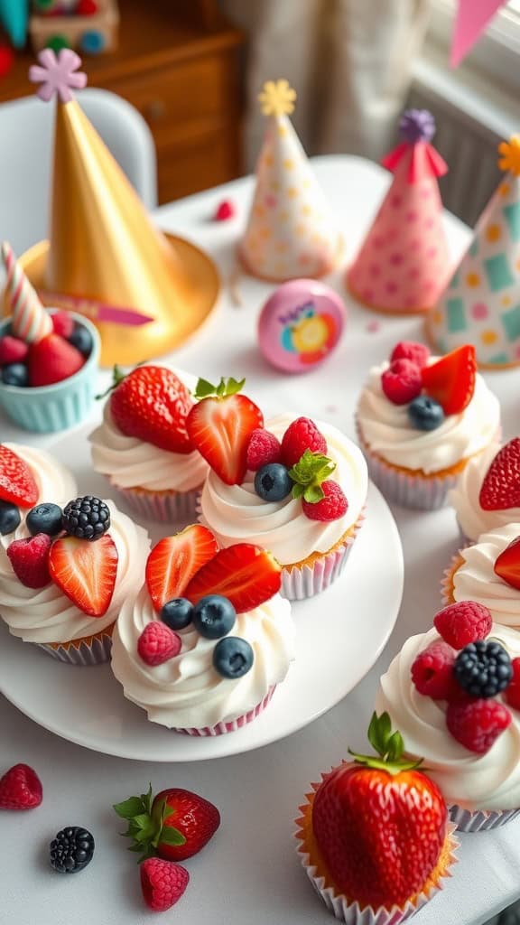 Colorful berry topped cupcakes with festive decorations for a birthday party