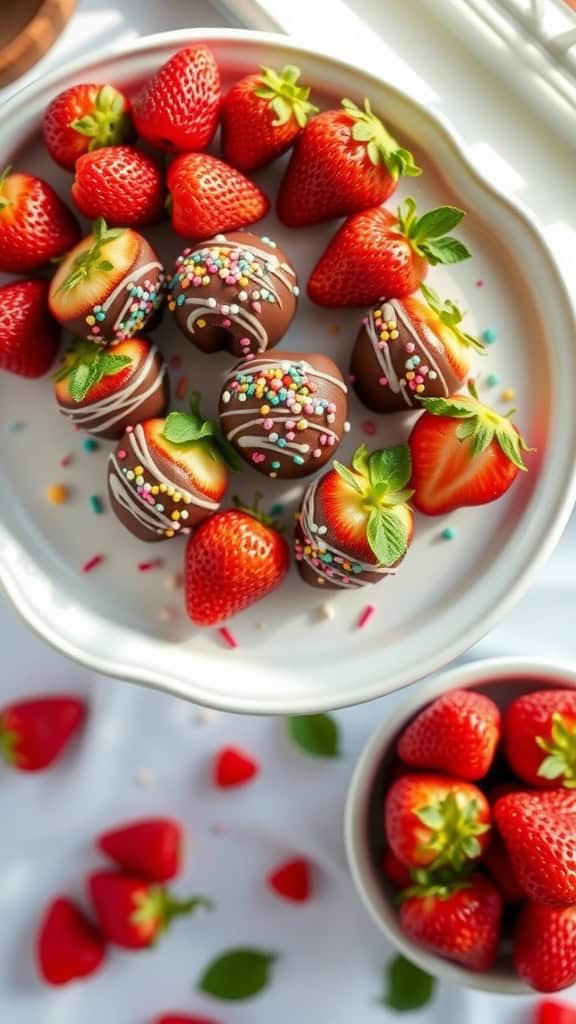 Chocolate-covered strawberries decorated with colorful sprinkles.