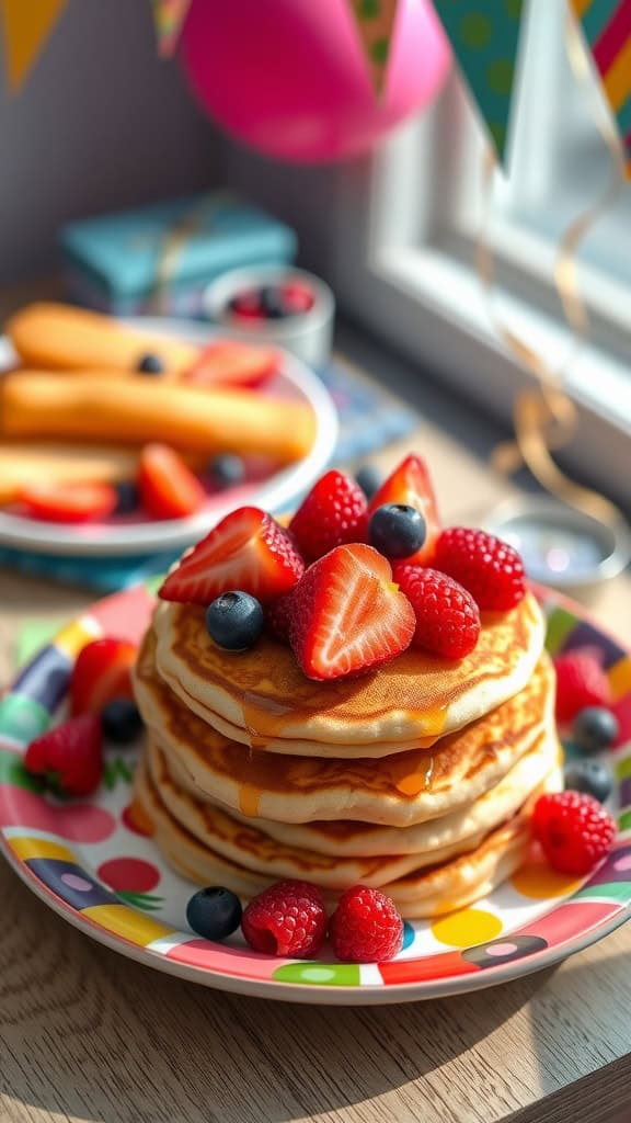 Mini pancake stacks topped with fresh berries and maple syrup, perfect for a birthday party.