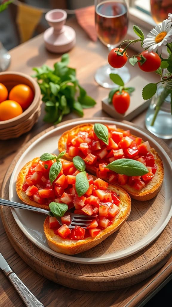 Delicious bruschetta topped with diced tomatoes and fresh basil on toasted baguette slices.