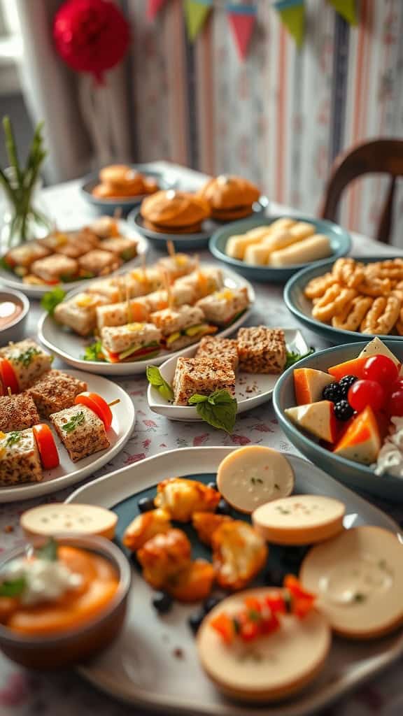 A colorful spread of finger foods including mini sandwiches and veggie platters ideal for a school party.