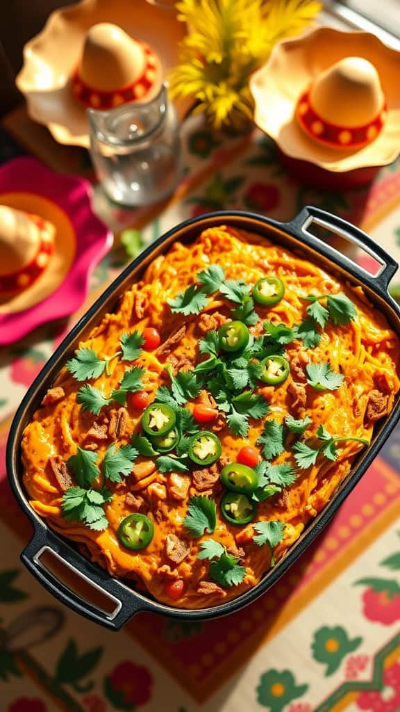 A delicious taco casserole topped with fresh cilantro and jalapeños, served in a colorful dish.