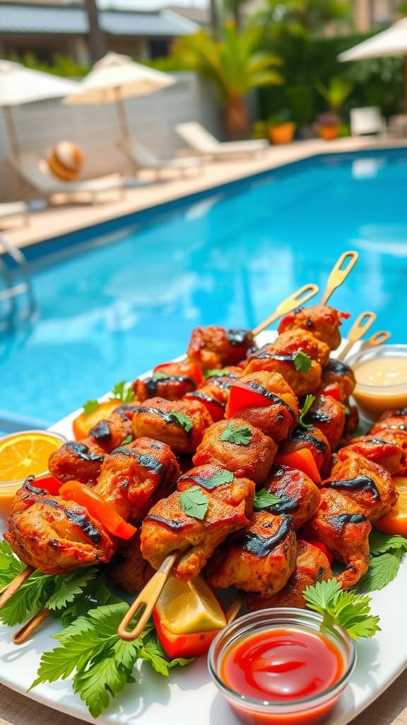 A platter of grilled BBQ chicken skewers with colorful peppers and onions, garnished with fresh herbs, ready for a pool party.