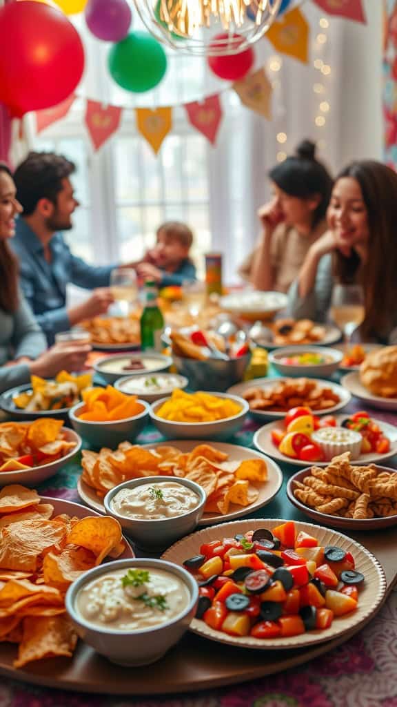 A vibrant spread of party snacks including chips, dips, and salads on a table with colorful decorations.