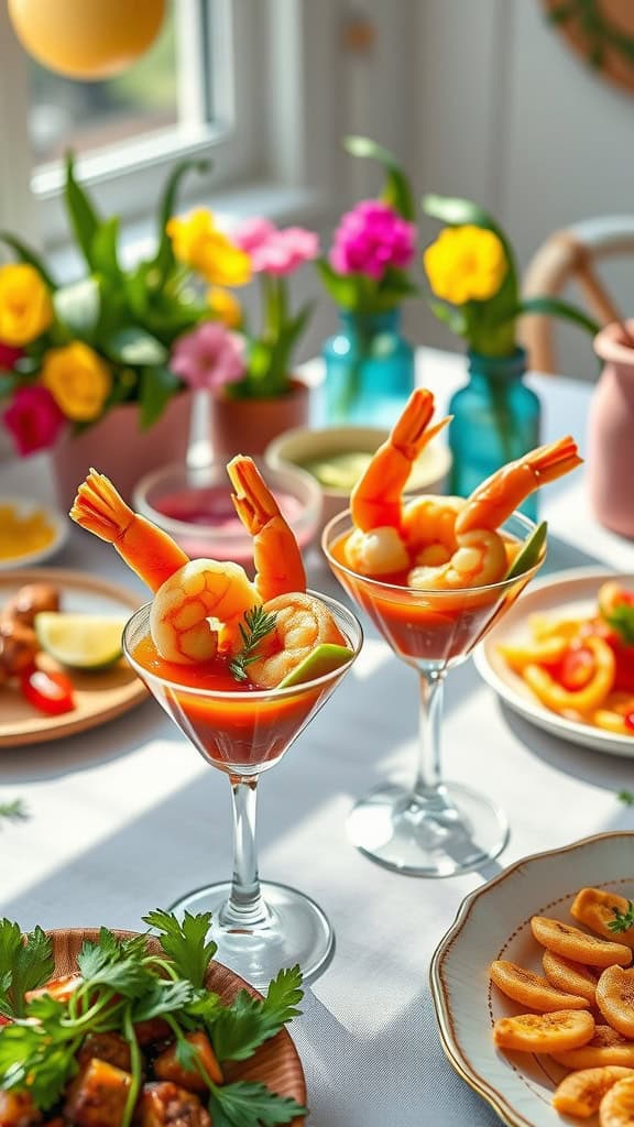 Spicy shrimp cocktail shooters in elegant glasses with garnishes