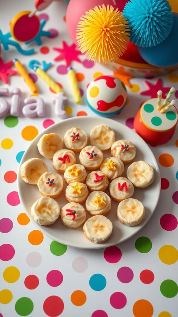 A plate of colorful and decorated banana bites, perfect for a kids' party.